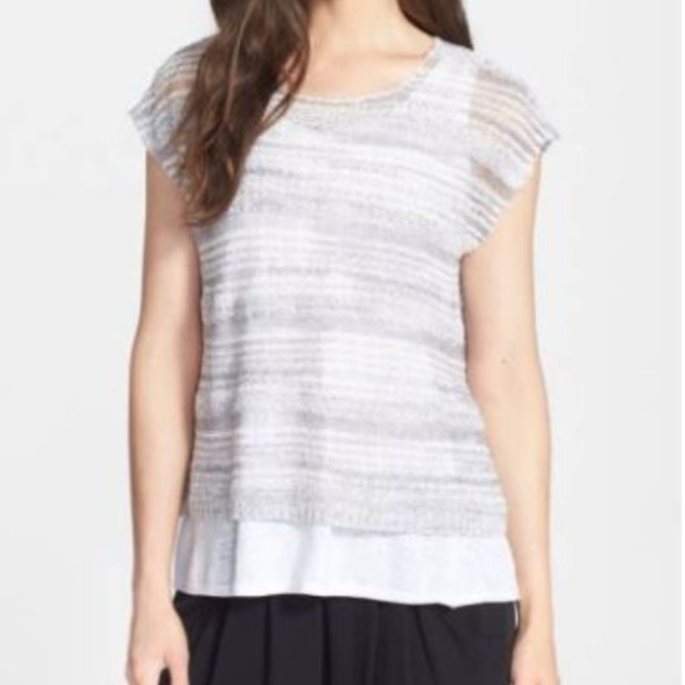 EILEEN Fisher Dark Pearl Stripe Box Top  Fine Linen Boucle Cloud